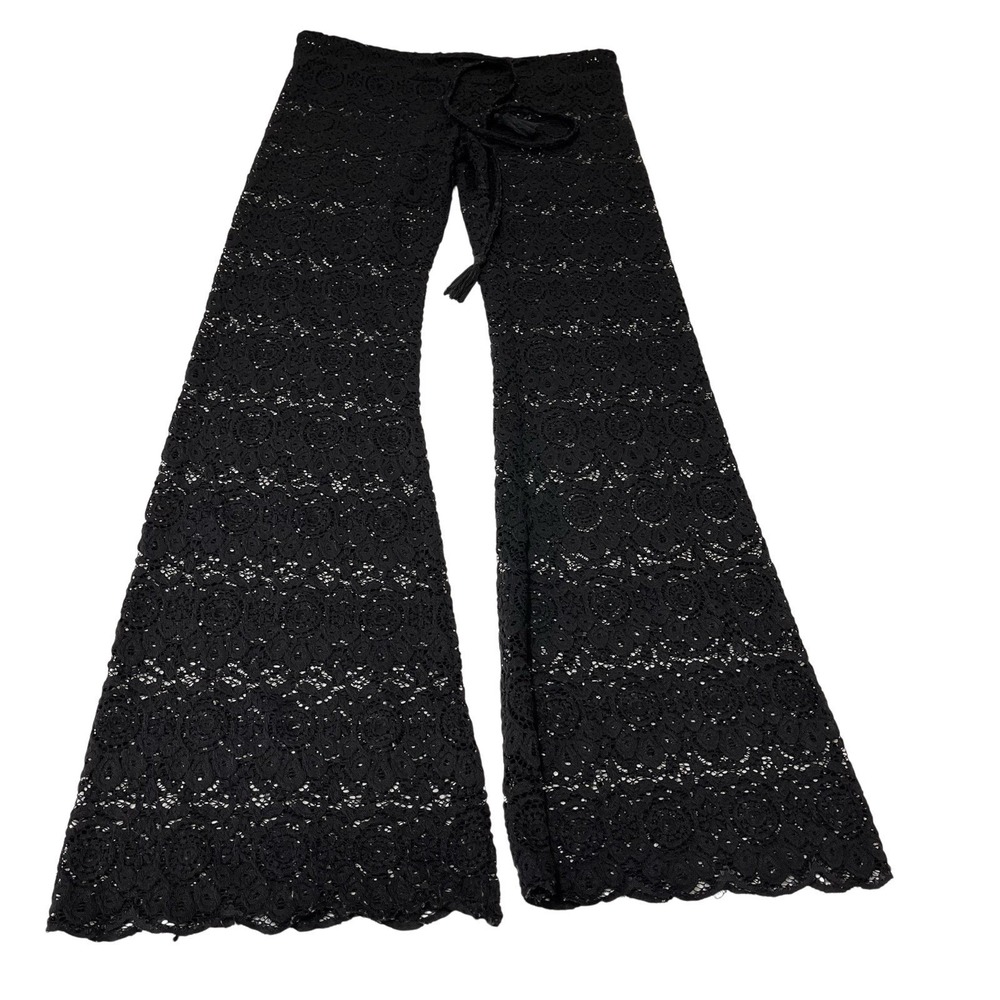 Black Floral Open Crochet Knit Pants Pull On Wide Leg S Boho Festival Concert